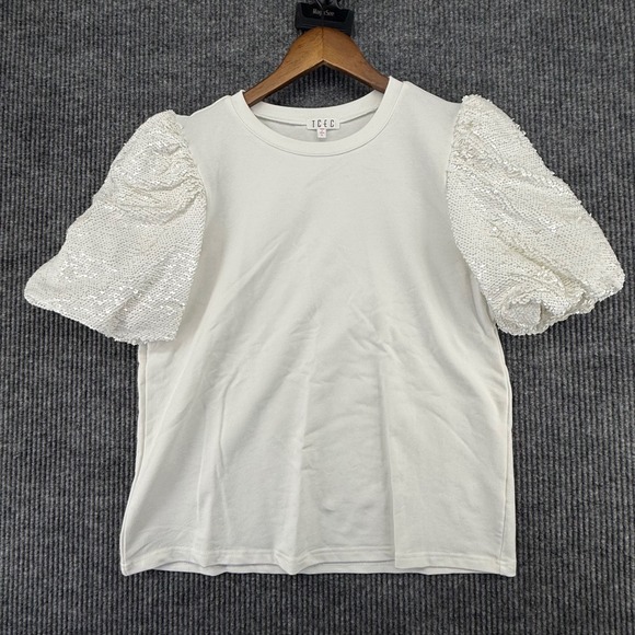 TCEC Tops - TCEC Sequin‎ Puff Sleeve Top Womens Large White Excellent Crewneck CT8480
